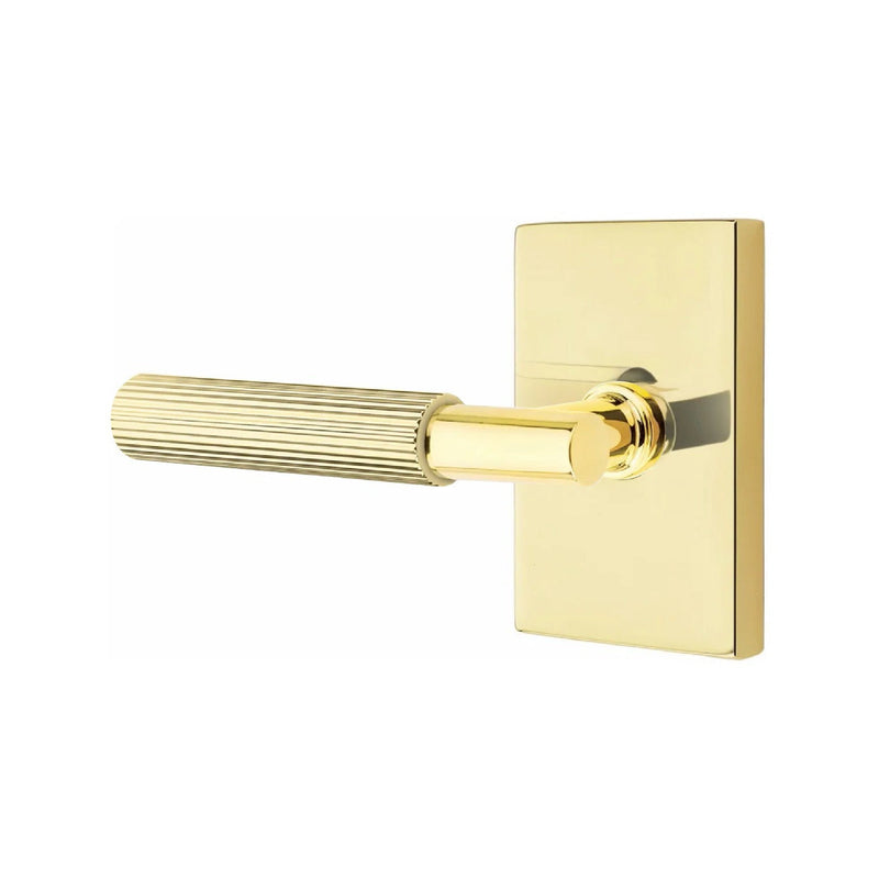 Emtek Select T-Bar Straight Knurled Lever with Modern Rectangular Rosette in Unlacquered Brass finish