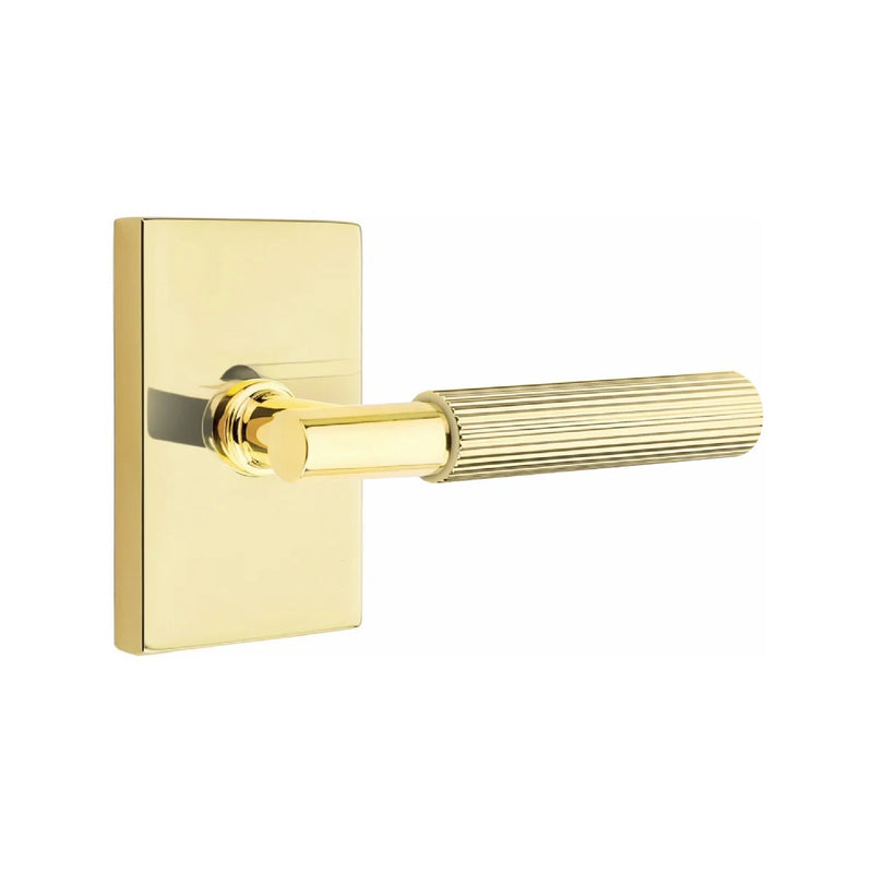 Emtek Select T-Bar Straight Knurled Lever with Modern Rectangular Rosette in Unlacquered Brass finish