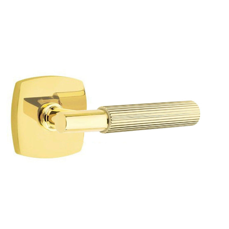 Emtek Select T-Bar Straight Knurled Lever with Urban Modern Rosette in Unlacquered Brass finish