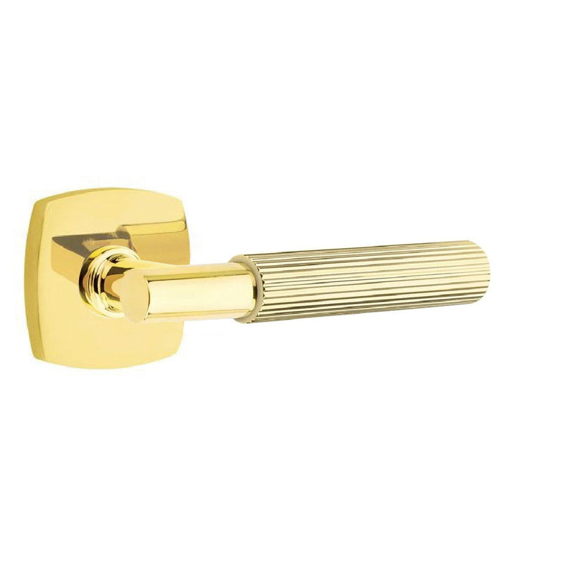 Emtek Select T-Bar Straight Knurled Lever with Urban Modern Rosette in Unlacquered Brass finish