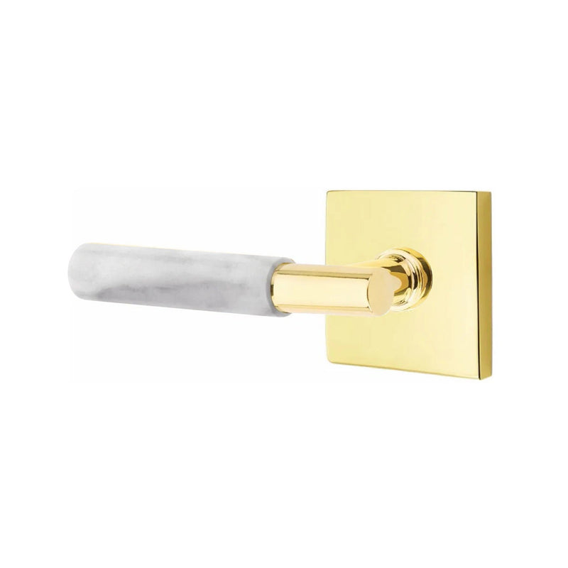 Emtek Select T-Bar White Marble Lever with Square Rosette in Unlacquered Brass finish