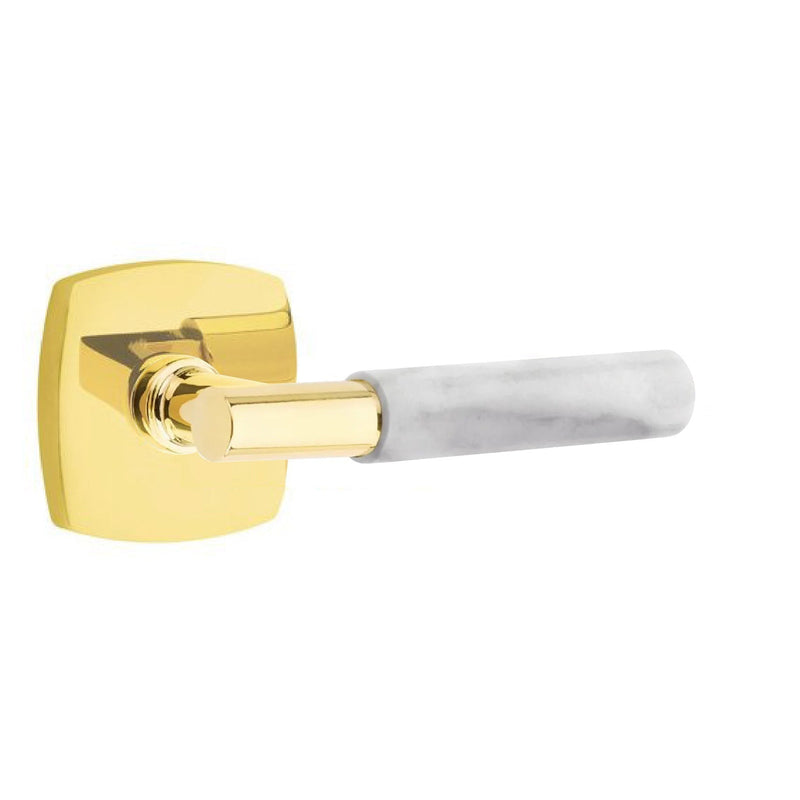 Emtek Select T-Bar White Marble Lever with Urban Modern Rosette in Unlacquered Brass finish