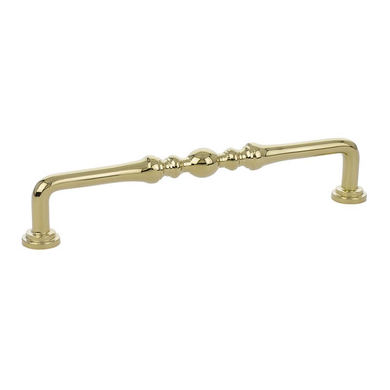 The Emtek Spindle Cabinet Pull, 6" Center to Center in Unlacquered Brass finish