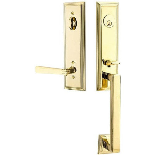 Emtek Wilshire Tubular Entrance Handleset With Arts & Crafts Lever in Unlacquered Brass finish