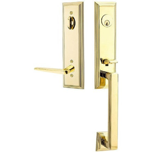 Emtek Wilshire Tubular Entrance Handleset With Athena Lever in Unlacquered Brass finish