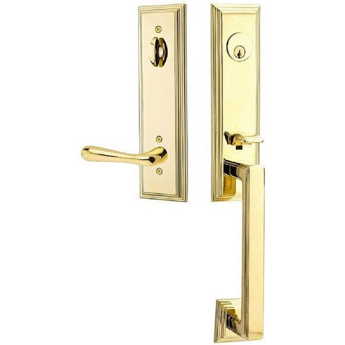 Emtek Wilshire Tubular Entrance Handleset With Basel Lever in Unlacquered Brass finish