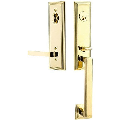 Emtek Wilshire Tubular Entrance Handleset With Breslin Lever in Unlacquered Brass finish