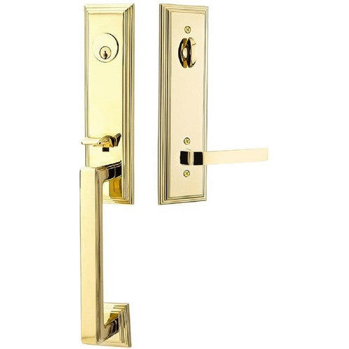 Emtek Wilshire Tubular Entrance Handleset With Breslin Lever in Unlacquered Brass finish