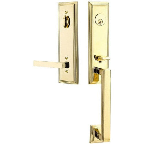 Emtek Wilshire Tubular Entrance Handleset With Dumont Lever in Unlacquered Brass finish