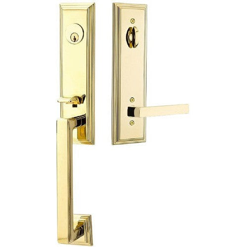 Emtek Wilshire Tubular Entrance Handleset With Dumont Lever in Unlacquered Brass finish