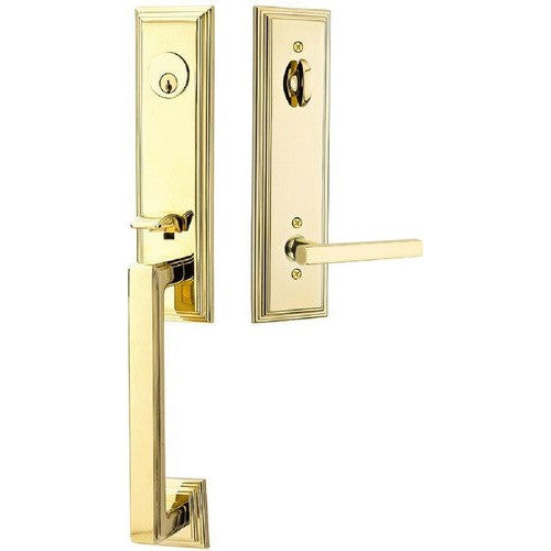 Emtek Wilshire Tubular Entrance Handleset With Freestone Lever in Unlacquered Brass finish