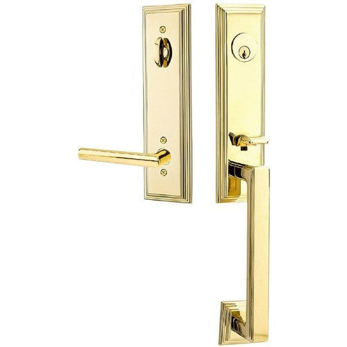 Emtek Wilshire Tubular Entrance Handleset With Stuttgart Lever in Unlacquered Brass finish