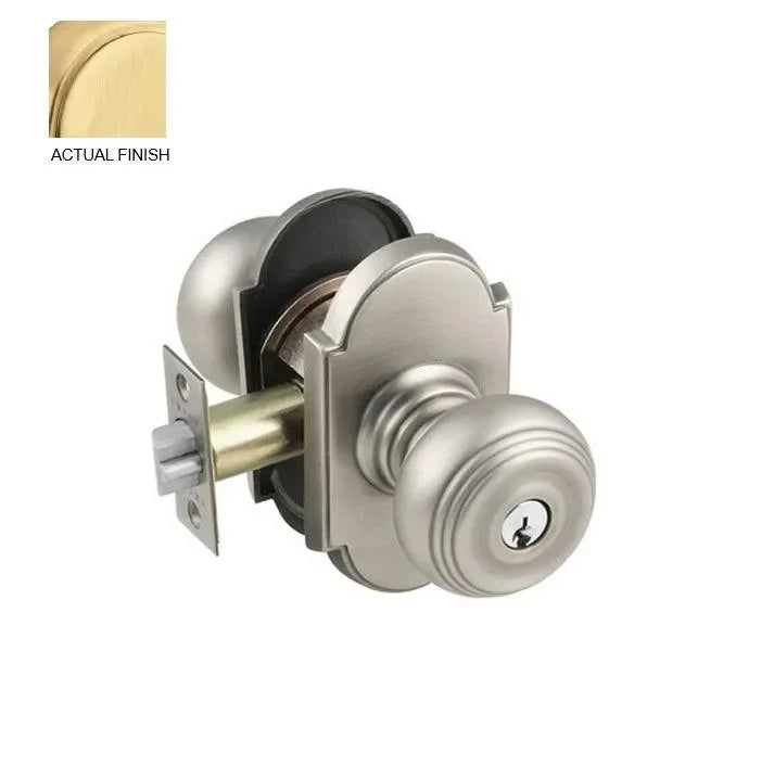 The Emtek Waverly Knob With #8 Rosette in Satin Brass finish.