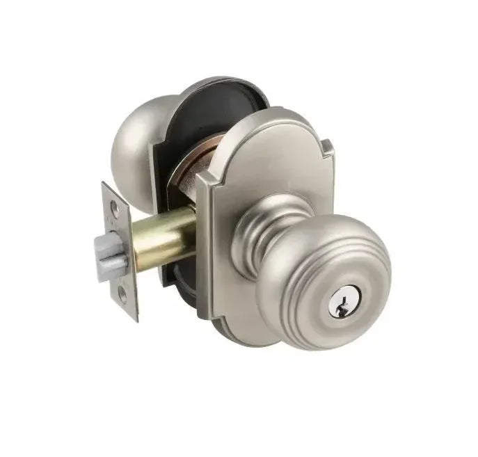The Emtek Waverly Knob With #8 Rosette in Satin Nickel finish.