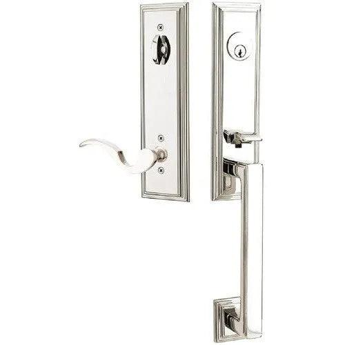 Emtek Wilshire Tubular Entrance Handleset With Cortina Lever Lifetime Polished Nickel