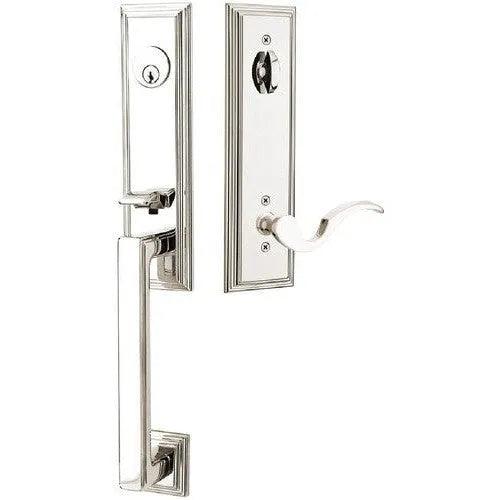 Emtek Wilshire Tubular Entrance Handleset With Cortina Lever Lifetime Polished Nickel