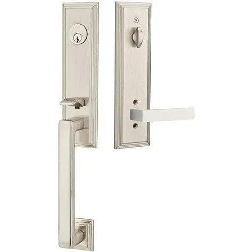 Emtek Wilshire Tubular Entrance Handleset With Dumont Lever in Satin Nickel finish