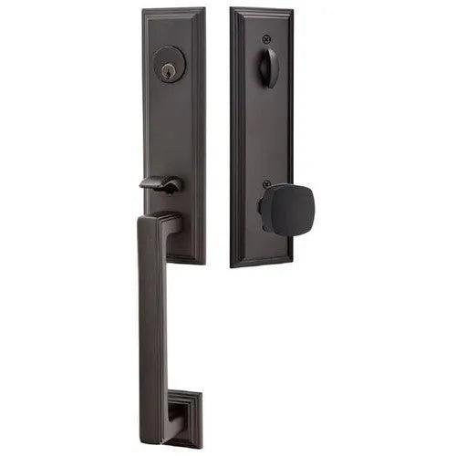 Emtek Wilshire Tubular Entrance Handleset With Freestone Square Knob in Flat Black finish