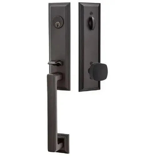 Emtek Wilshire Tubular Entrance Handleset With Freestone Square Knob in Flat Black finish