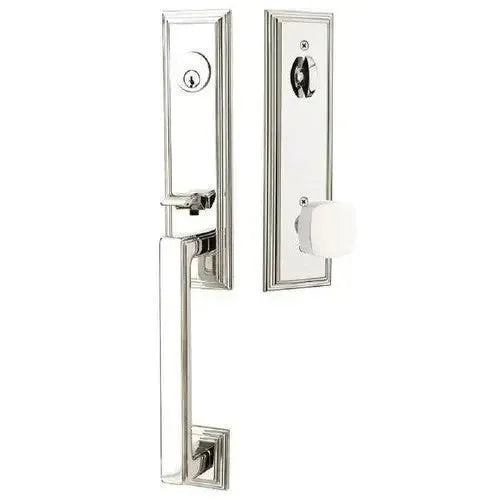 Emtek Wilshire Tubular Entrance Handleset With Freestone Square Knob in Lifetime Polished Nickel finish