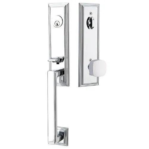 Emtek Wilshire Tubular Entrance Handleset With Freestone Square Knob in Polished Chrome finish
