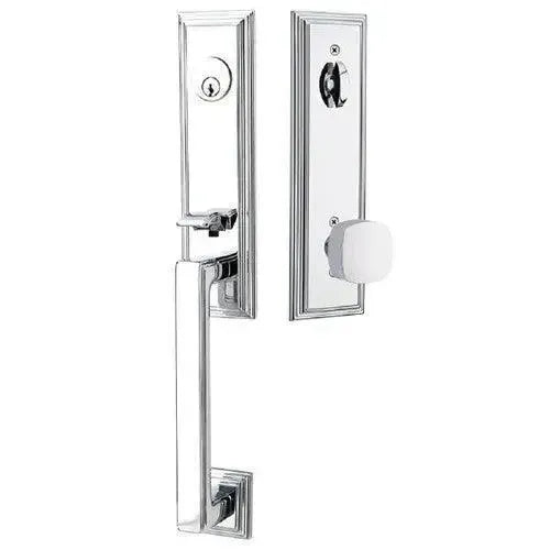 Emtek Wilshire Tubular Entrance Handleset With Freestone Square Knob in Polished Chrome finish