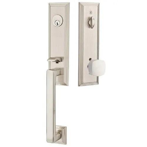 Emtek Wilshire Tubular Entrance Handleset With Freestone Square Knob in Satin Nickel finish