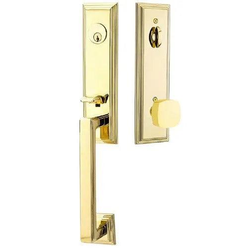 Emtek Wilshire Tubular Entrance Handleset With Freestone Square Knob in Unlacquered Brass finish