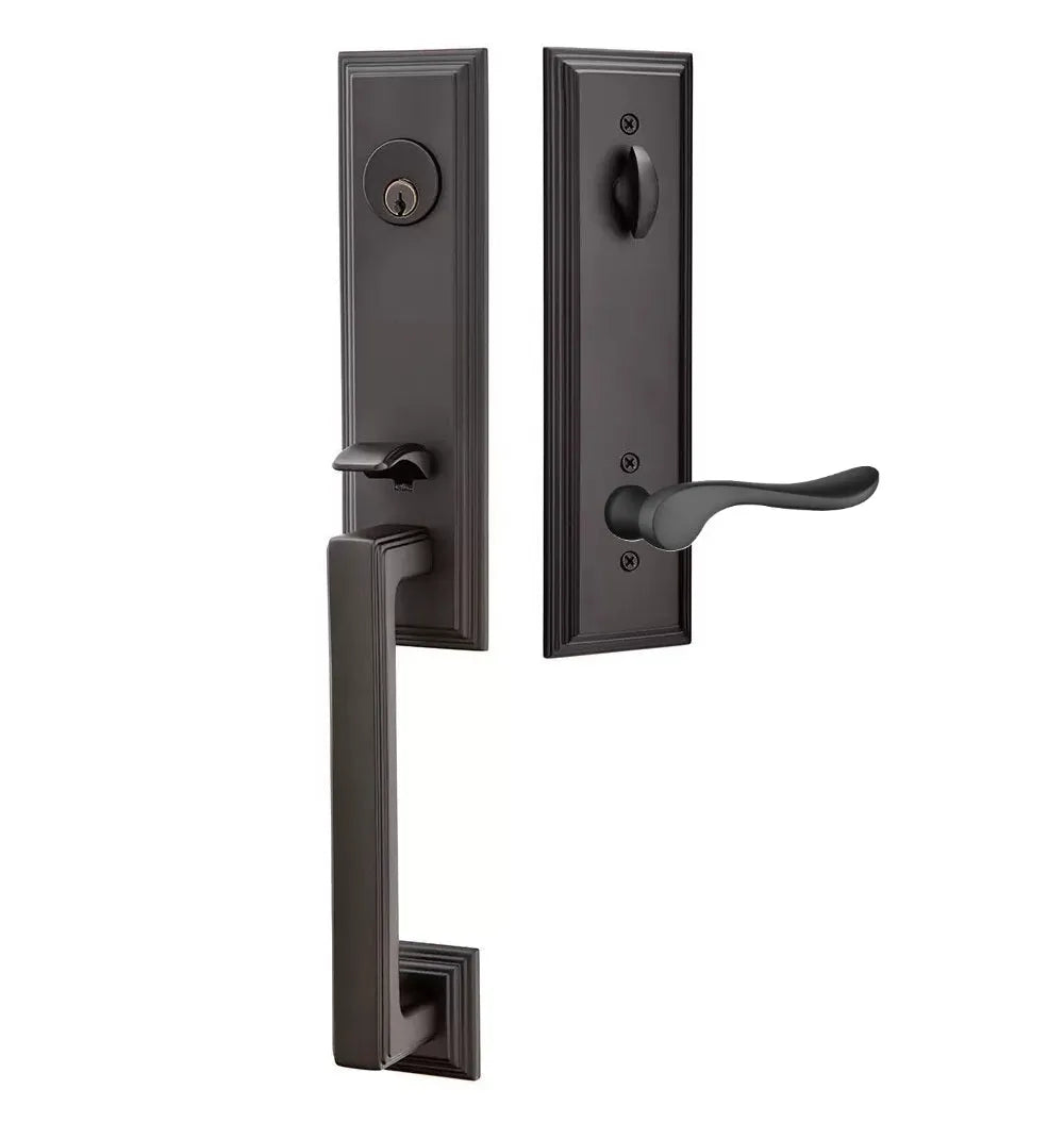 Emtek Wilshire Tubular Entrance Handleset with Luzern Lever in Flat Black finish