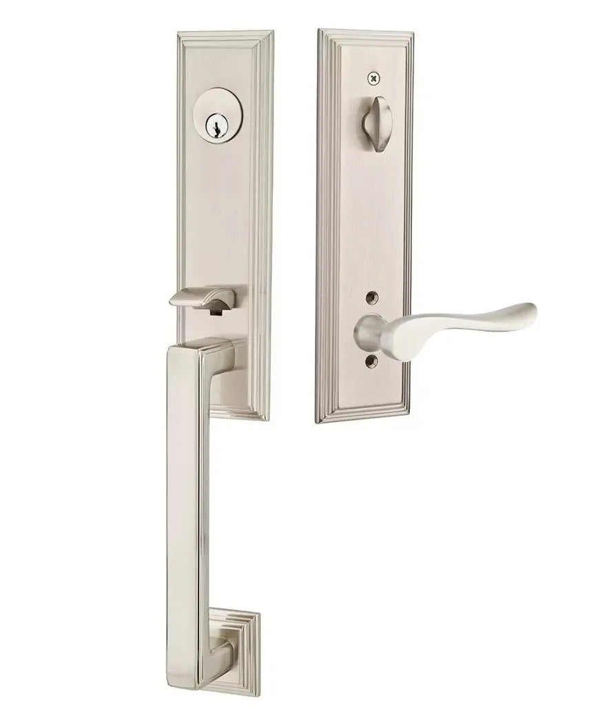 Emtek Wilshire Tubular Entrance Handleset with Luzern Lever in Satin Nickel finish