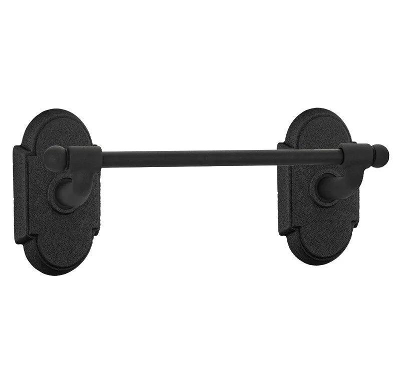 The Emtek Wrought Steel Towel Bar with #1 Rosette in Flat Black Steel finish.
