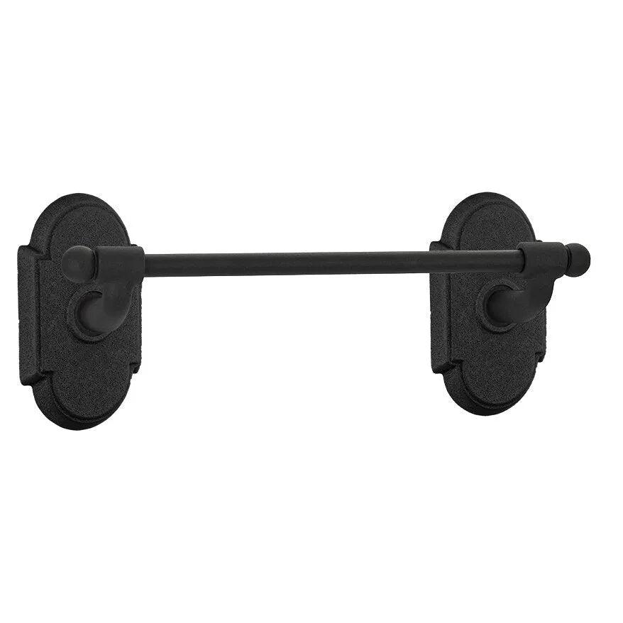 The Emtek Wrought Steel Towel Bar with #1 Rosette in Flat Black Steel finish.