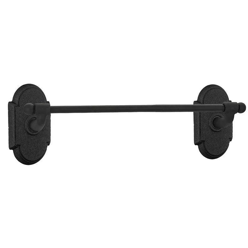 The Emtek Wrought Steel Towel Bar with #1 Rosette in Flat Black Steel finish.