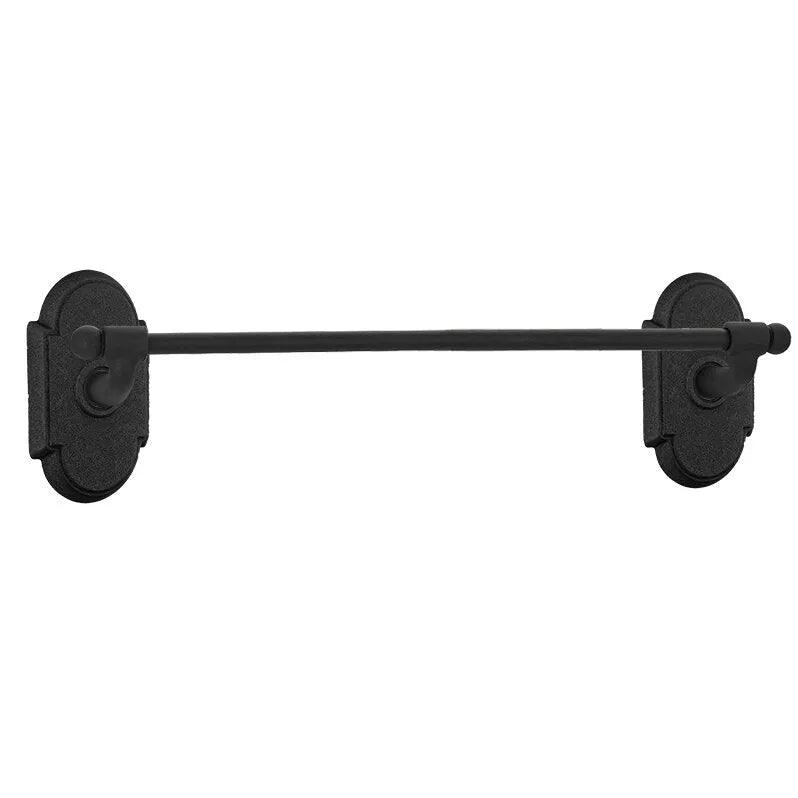 The Emtek Wrought Steel Towel Bar with #1 Rosette in Flat Black Steel finish.