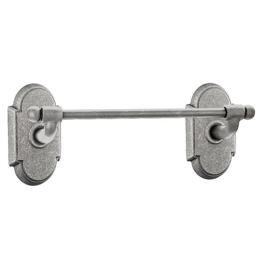 The Emtek Wrought Steel Towel Bar with #1 Rosette in Satin Steel finish.