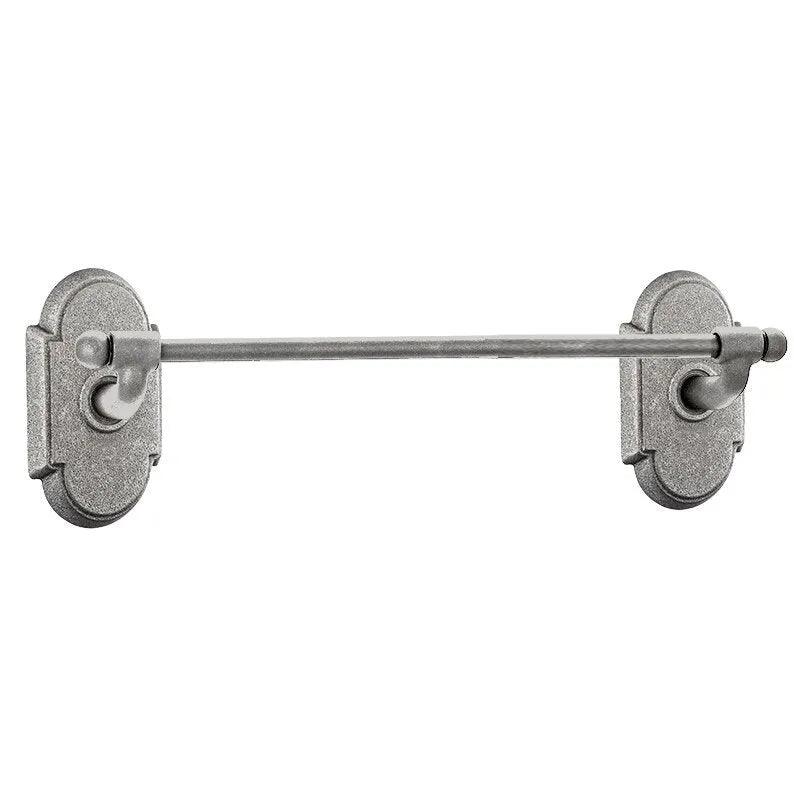 The Emtek Wrought Steel Towel Bar with #1 Rosette in Satin Steel finish.