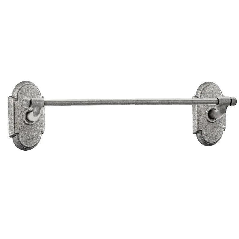 The Emtek Wrought Steel Towel Bar with #1 Rosette in Satin Steel finish.