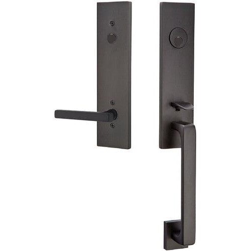 Emtek Davos Tubular Entrance Handleset With Freestone Lever in Flat Black finish