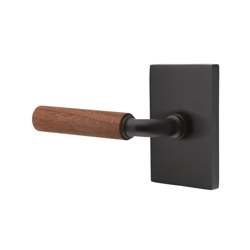 Emtek Select R-Bar Dark Walnut Lever with Modern Rectangular Rosette in Flat Black finish