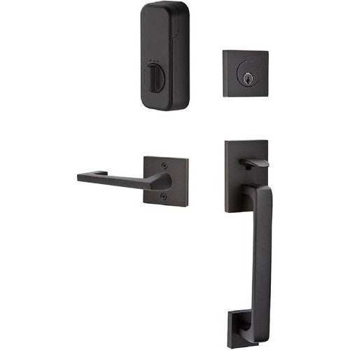 The Emtek EMPowered Smart Lock Upgrade Baden Tubular Single Cylinder Entrance Handleset with Argos Lever in Flat Black finish