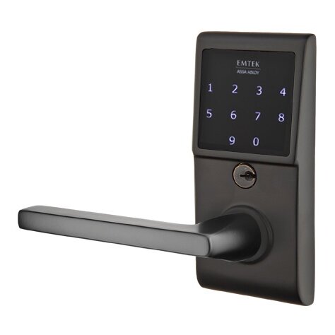 The Emtek EMTouch Electronic Touchscreen Keypad Leverset with Left Handed Helios Lever in Flat Black finish