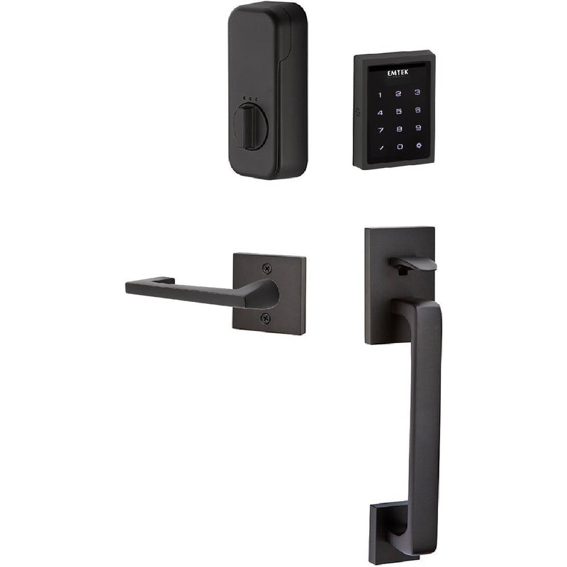 The Emtek Electronic EMPowered Motorized Touchscreen Keypad Entry Set With Baden Grip and Argos Lever in Flat Black finish