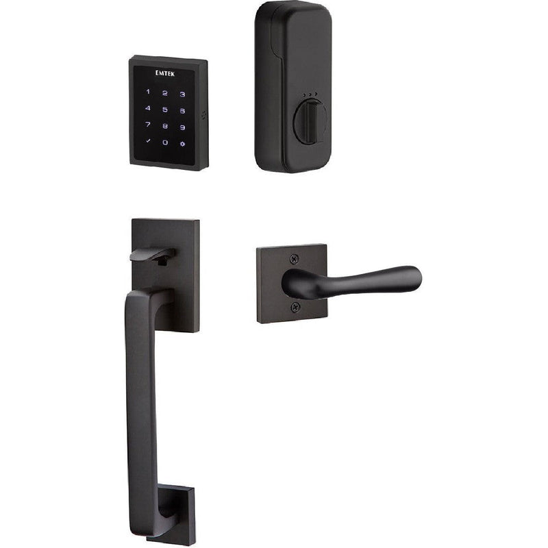 The Emtek Electronic EMPowered Motorized Touchscreen Keypad Entry Set With Baden Grip and Basel Lever in Flat Black finish