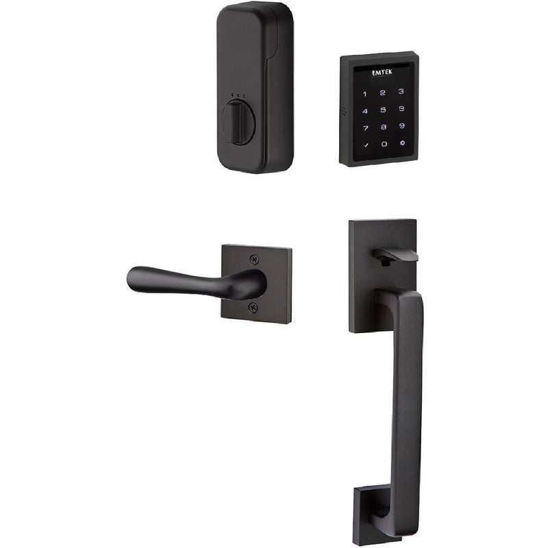 The Emtek Electronic EMPowered Motorized Touchscreen Keypad Entry Set With Baden Grip and Basel Lever in Flat Black finish