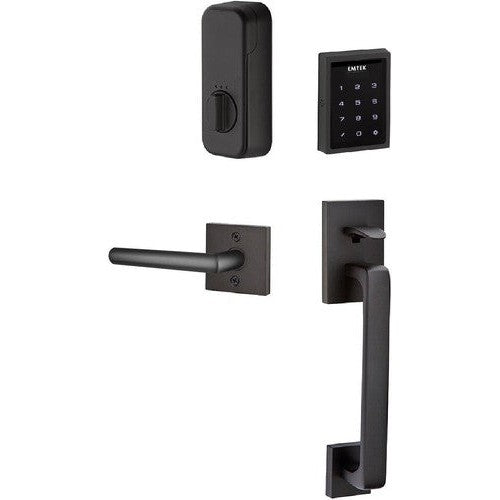 The Emtek Electronic EMPowered Motorized Touchscreen Keypad Entry Set With Baden Grip and Stuttgart Lever in Flat Black finish