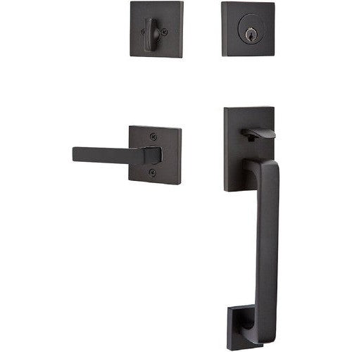 Emtek Baden Entrance Handleset With Dumont Lever in Flat Black finish