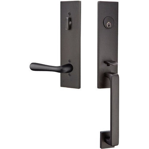 Emtek Davos Handleset with Interior Basel Lever in Flat Black finish