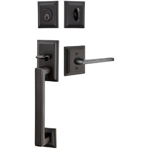 Emtek Hamden Tubular Entrance Handleset With Helios Lever in Flat Black finish