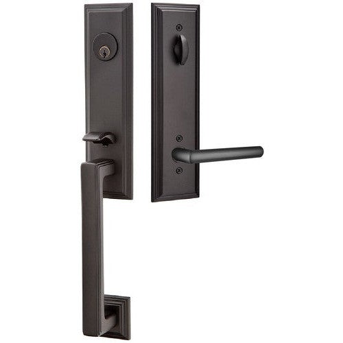 Emtek Wilshire Tubular Entrance Handleset With Stuttgart Lever in Flat Black finish