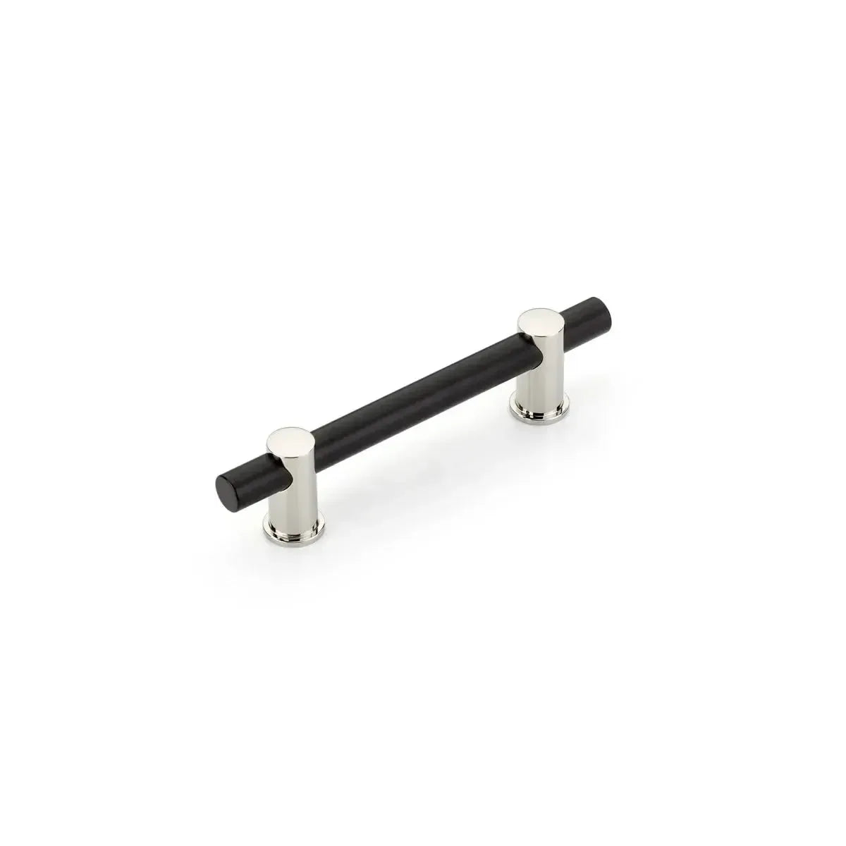 The Schaub Fonce Bar Pull in Matte Black Bar/Polished Nickel Stem finish.